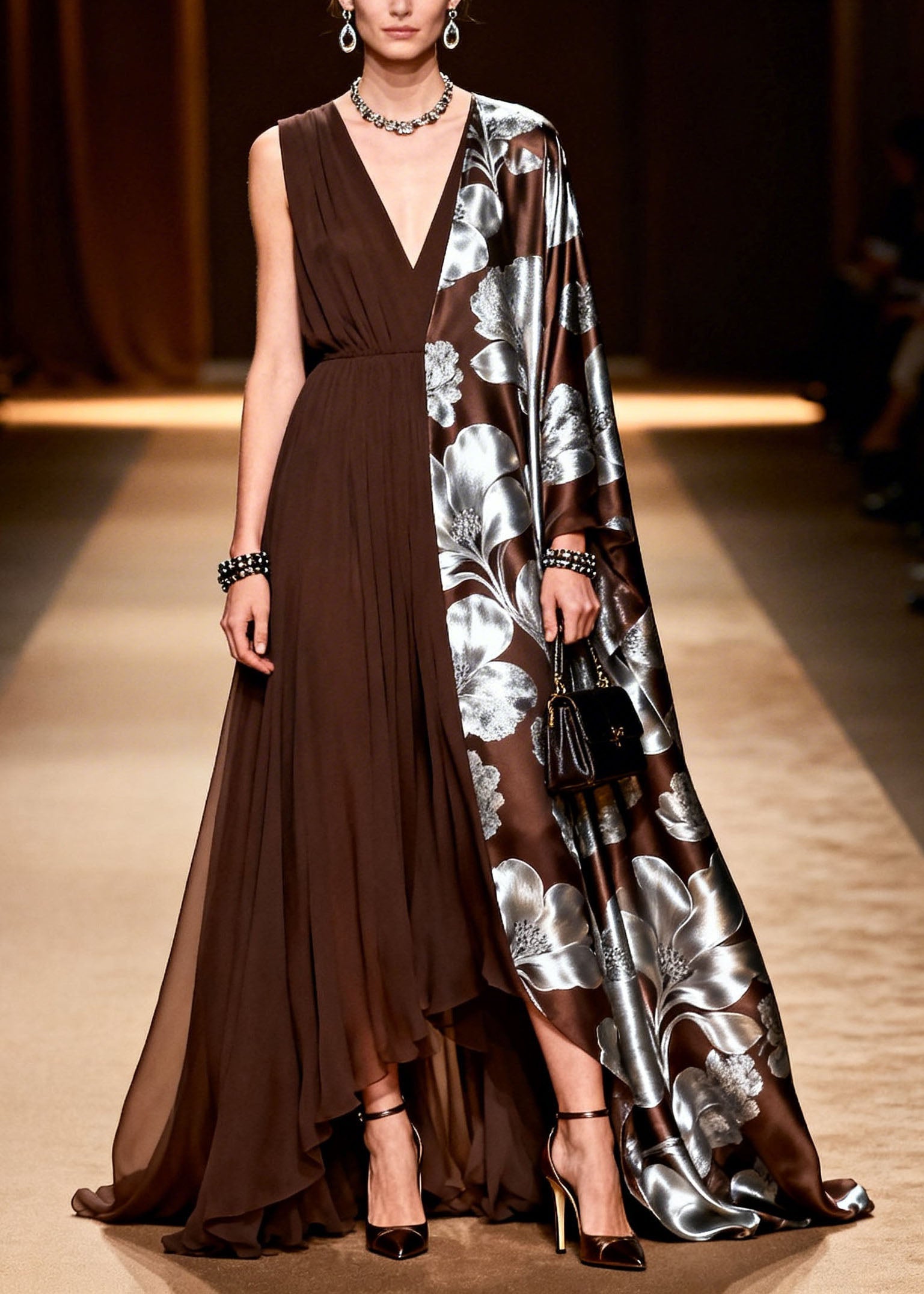 Asymmetric Pleated Split Panel Deep V-Neck Metallic Floral Cape Sleeve Maxi Gown