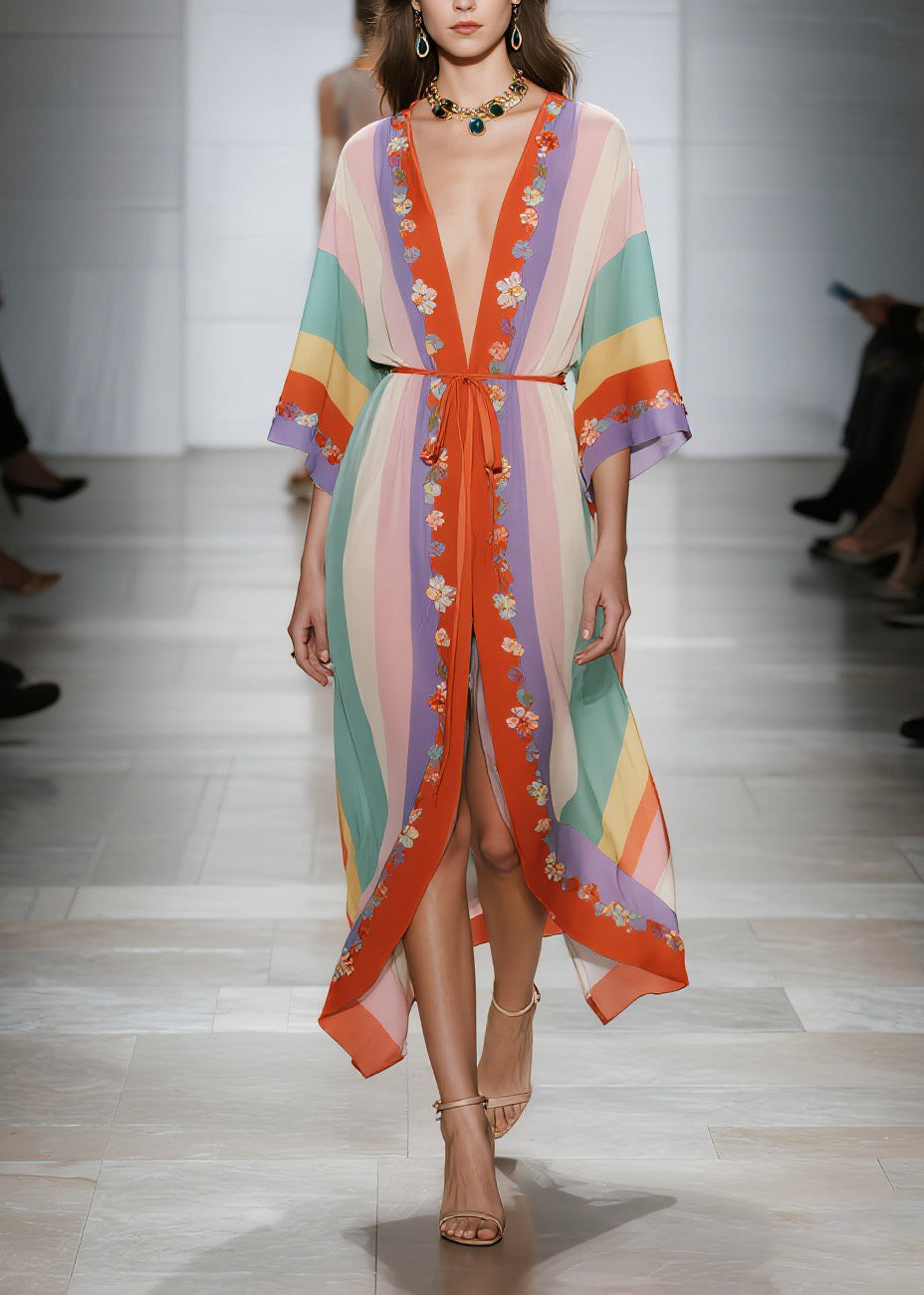 Chiffon Deep V-Neck Kimono Sleeve Floral Embroidered Trim Tie Belt Front Slit Maxi Dress