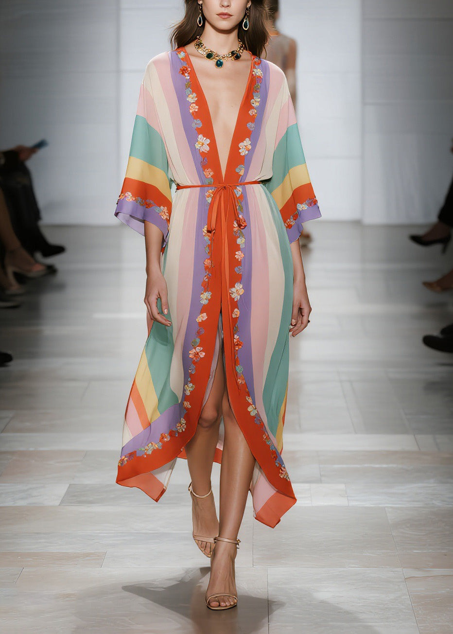 Chiffon Deep V-Neck Kimono Sleeve Floral Embroidered Trim Tie Belt Front Slit Maxi Dress