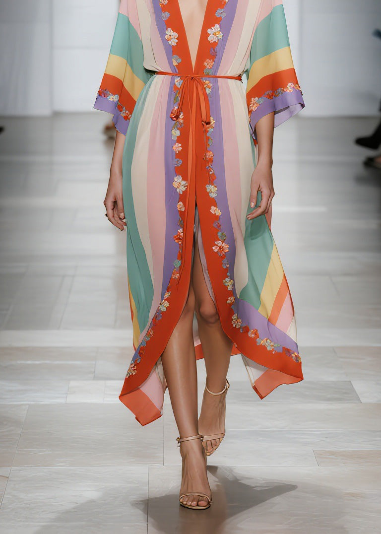 Chiffon Deep V-Neck Kimono Sleeve Floral Embroidered Trim Tie Belt Front Slit Maxi Dress