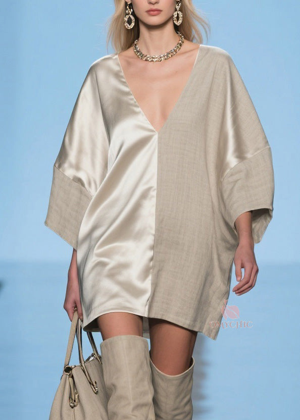 V-Neck Satin Woven Split Panel Oversized Shift Mini Dress