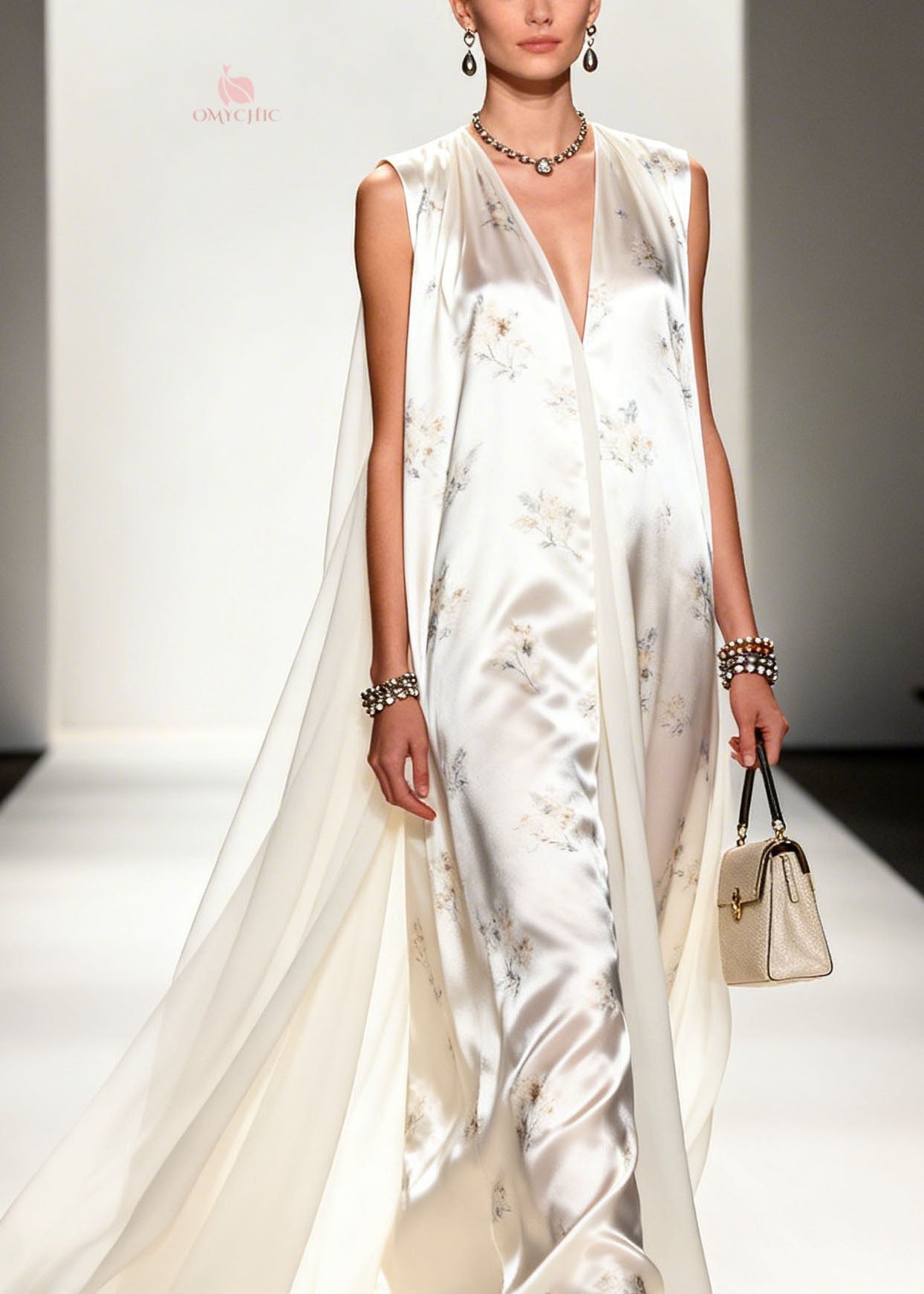 Floral Print Deep V-Neck Sleeveless Attached Cape Satin Maxi Gown