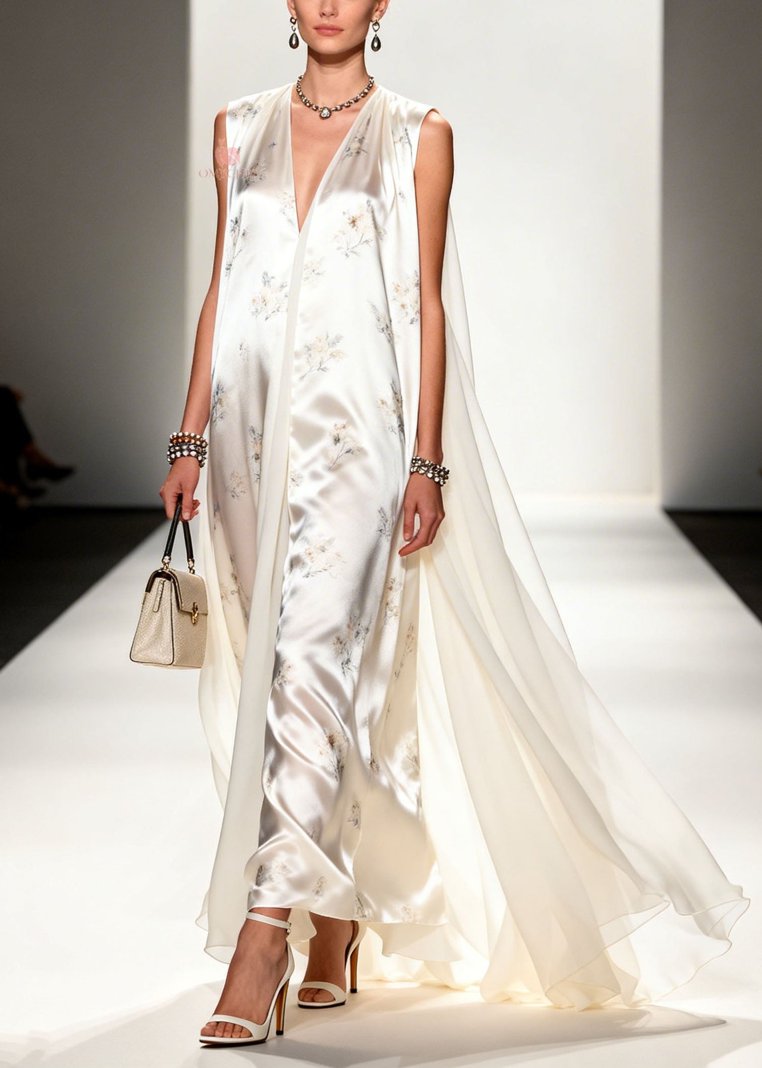Floral Print Deep V-Neck Sleeveless Attached Cape Satin Maxi Gown