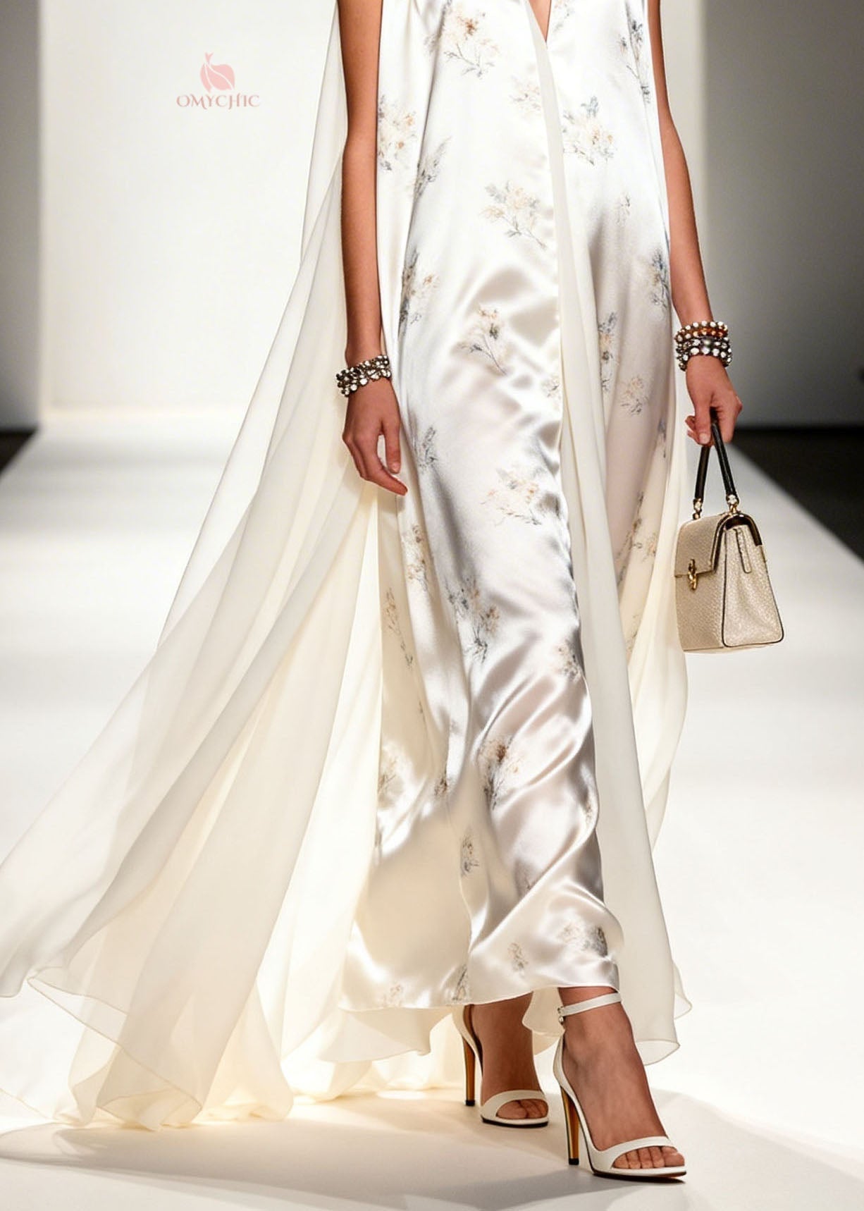 Floral Print Deep V-Neck Sleeveless Attached Cape Satin Maxi Gown