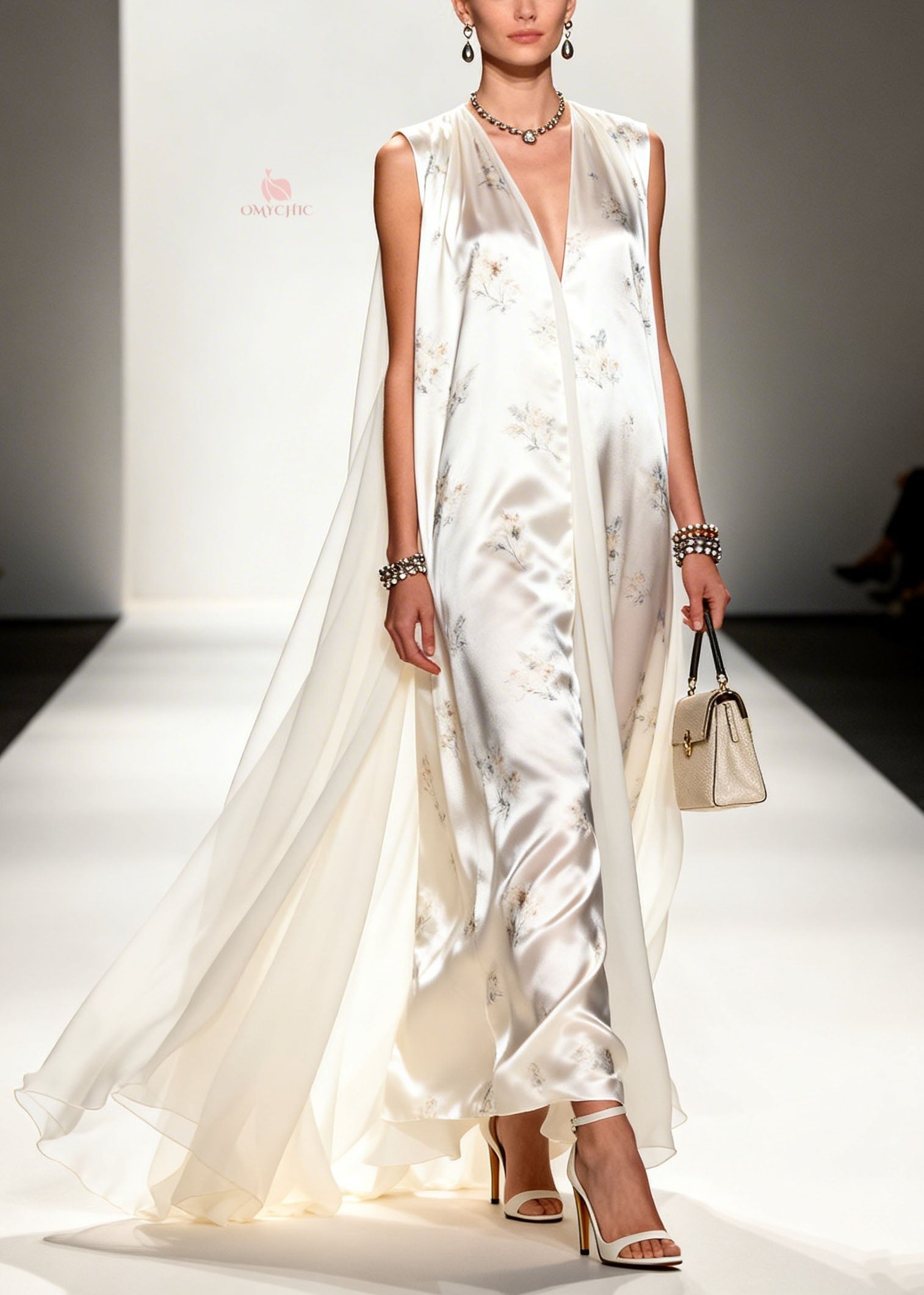 Floral Print Deep V-Neck Sleeveless Attached Cape Satin Maxi Gown