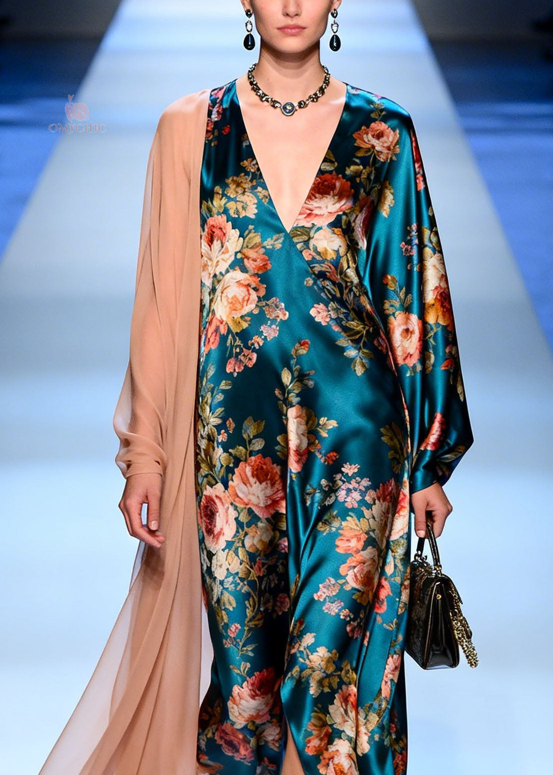Satin Floral Deep V-Neck Bishop Sleeve Sheer Shoulder Drape Maxi Gown
