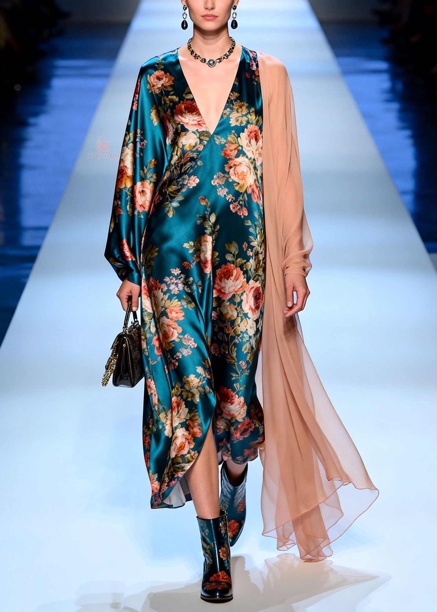 Satin Floral Deep V-Neck Bishop Sleeve Sheer Shoulder Drape Maxi Gown