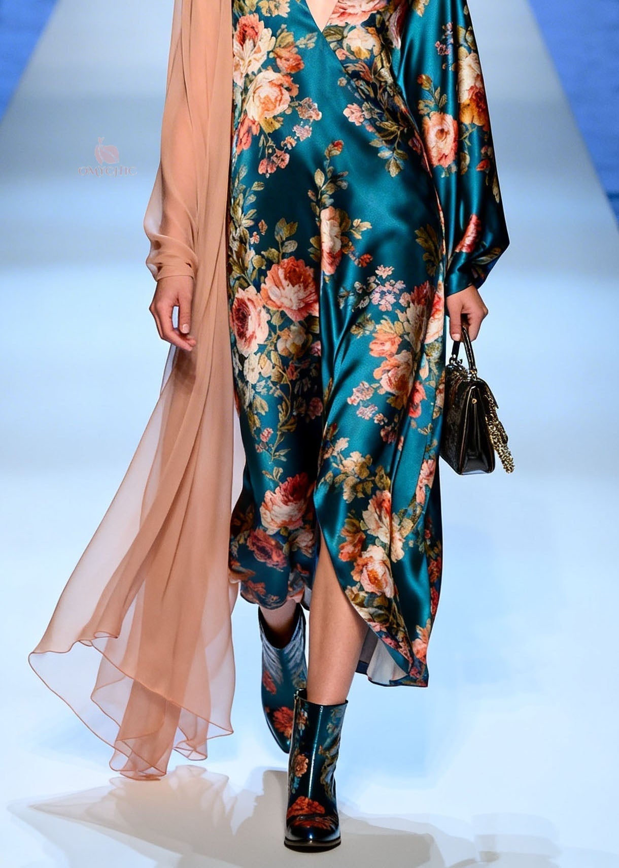 Satin Floral Deep V-Neck Bishop Sleeve Sheer Shoulder Drape Maxi Gown