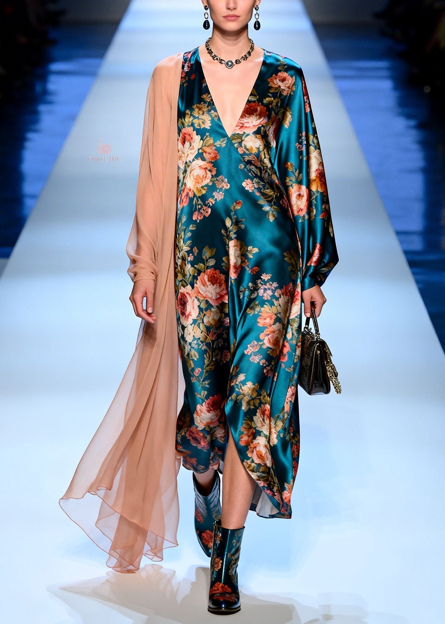 Satin Floral Deep V-Neck Bishop Sleeve Sheer Shoulder Drape Maxi Gown