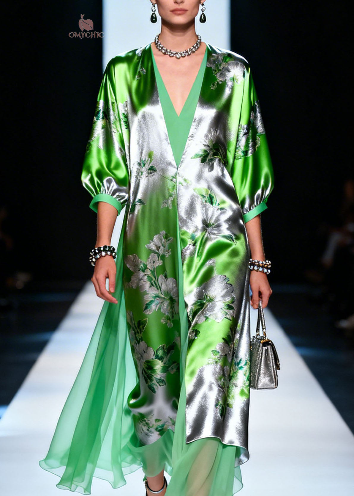 Floral Print Deep V-Neck 3/4 Sleeve Tiered Sheer Overlay Maxi Gown