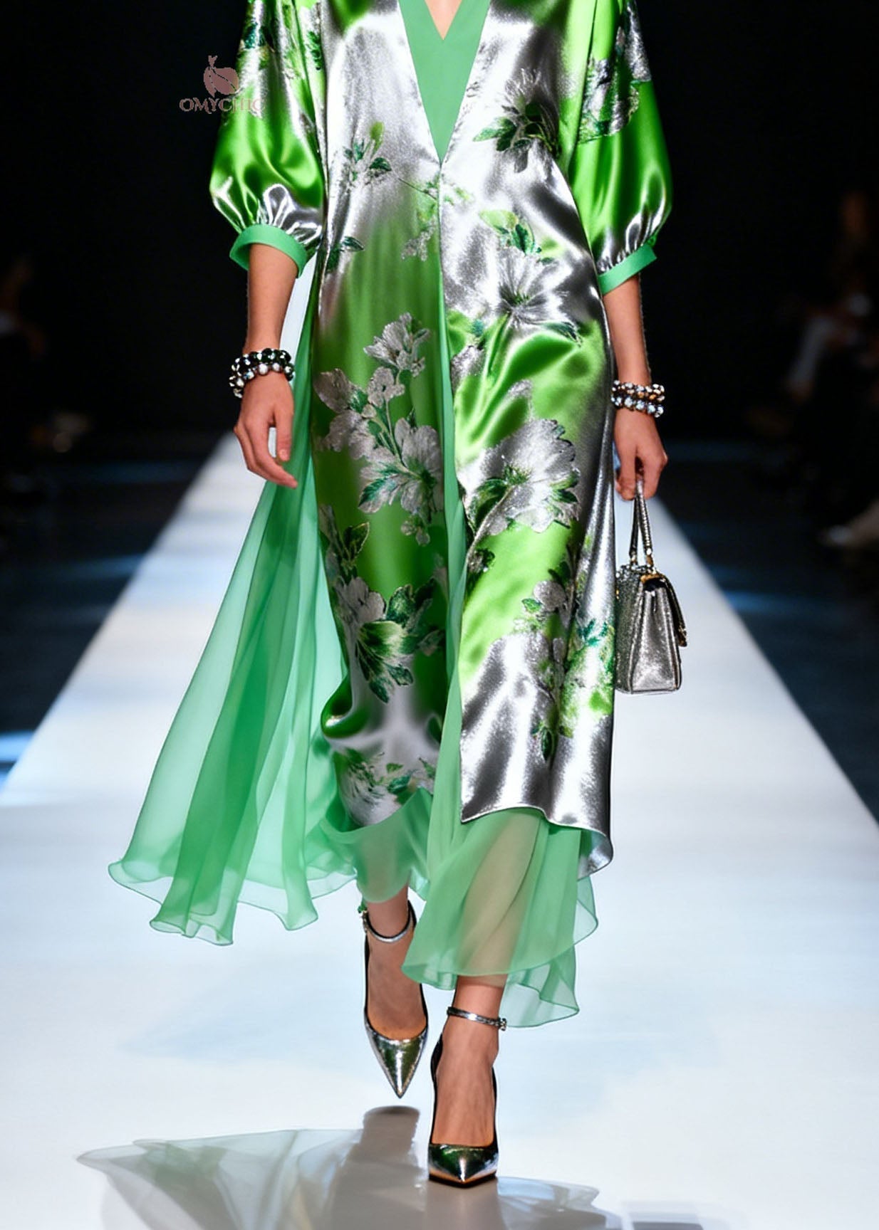 Floral Print Deep V-Neck 3/4 Sleeve Tiered Sheer Overlay Maxi Gown
