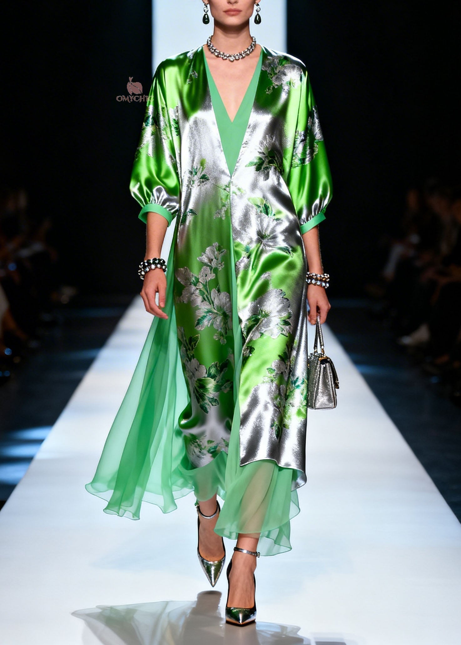Floral Print Deep V-Neck 3/4 Sleeve Tiered Sheer Overlay Maxi Gown