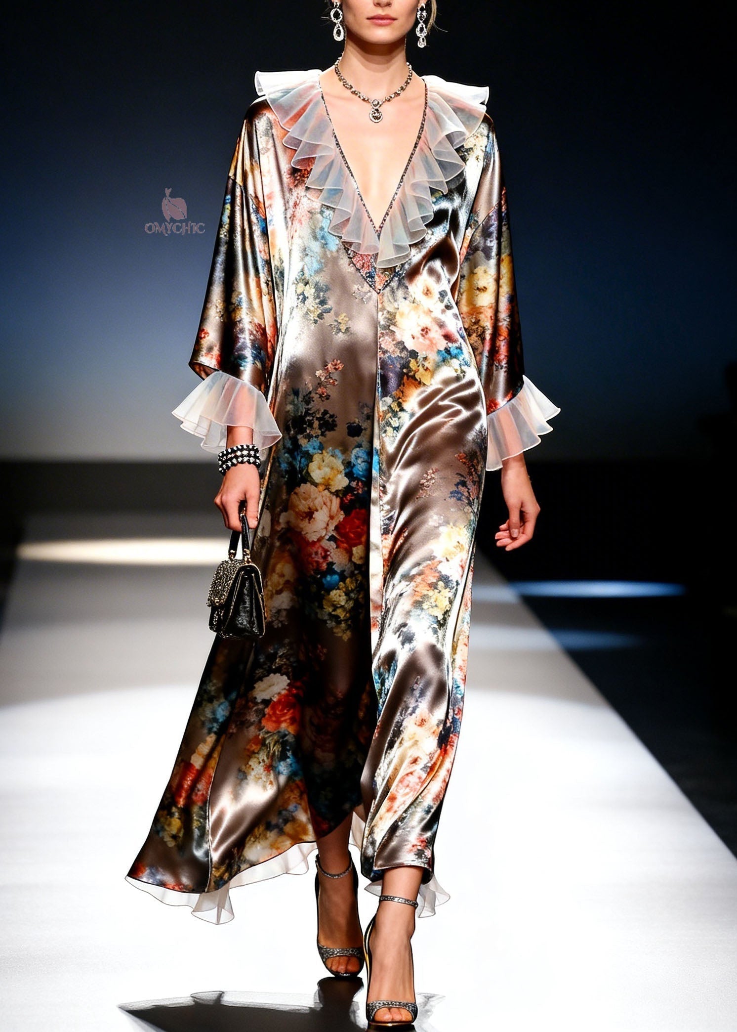 Floral Print Satin Deep V-Neck Organza Ruffle Trim Three-Quarter Sleeve Maxi Dress