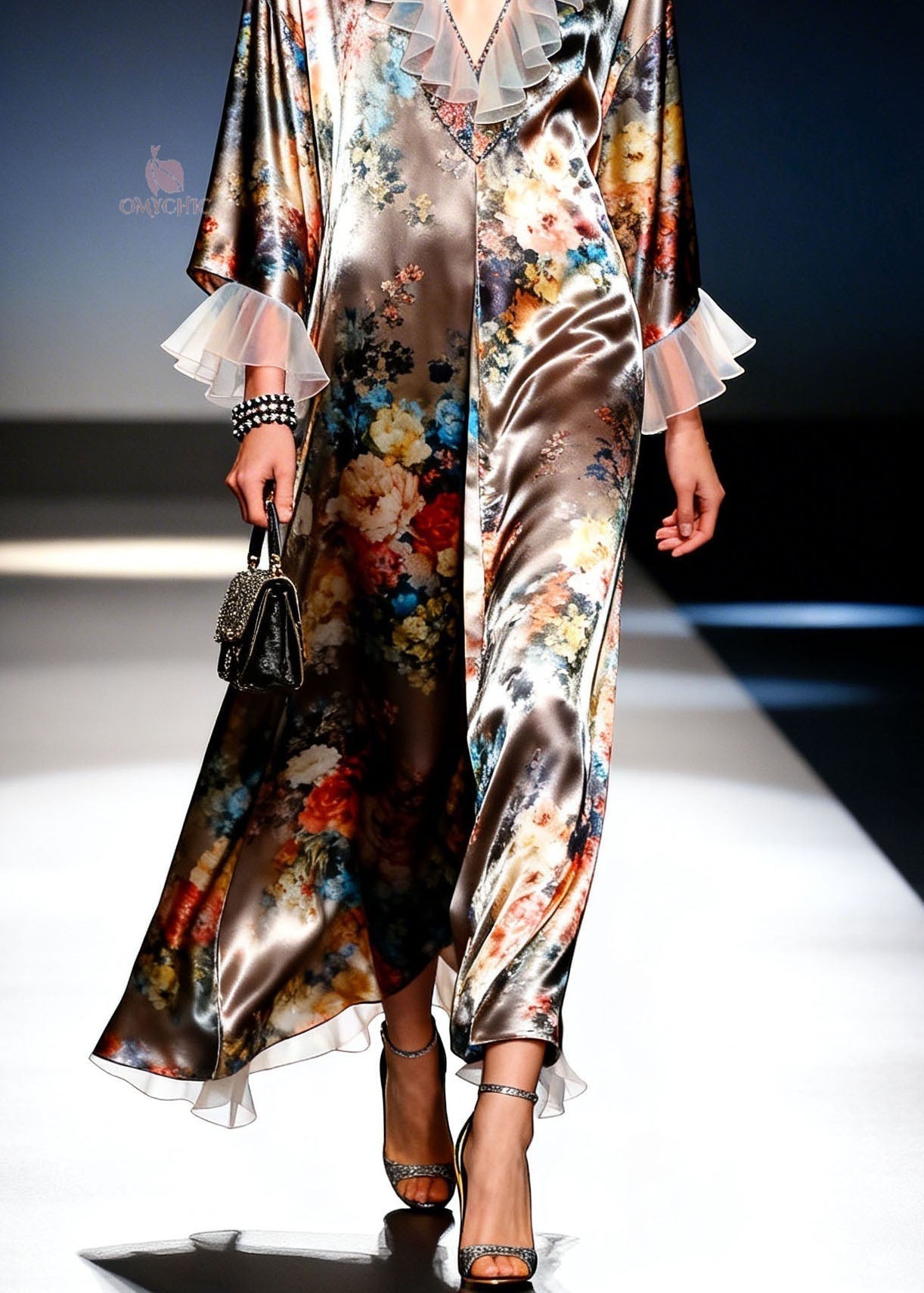 Floral Print Satin Deep V-Neck Organza Ruffle Trim Three-Quarter Sleeve Maxi Dress