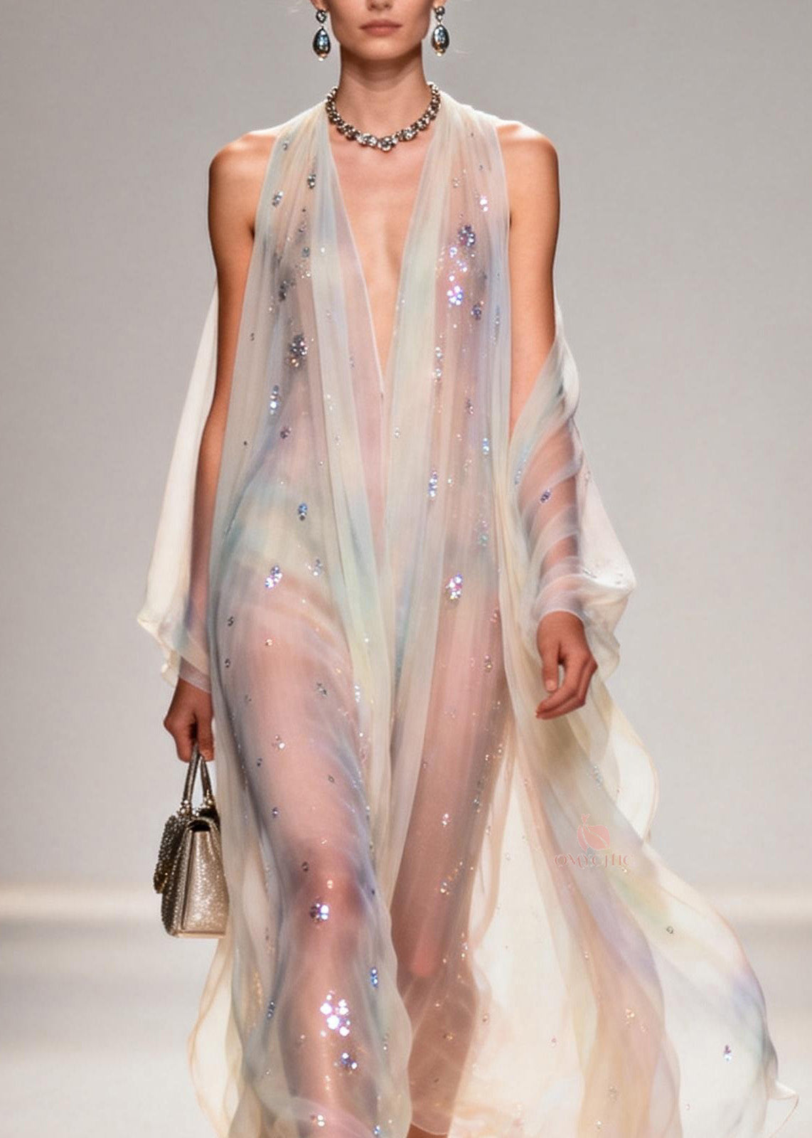Sequin Scatter Deep V-Neck Sleeveless Cape Panel Sheer Maxi Gown