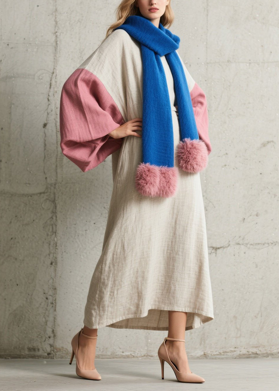 Slub Weave Lantern Sleeve Maxi Faux Fur Pom Scarf Two Piece Set - View 5