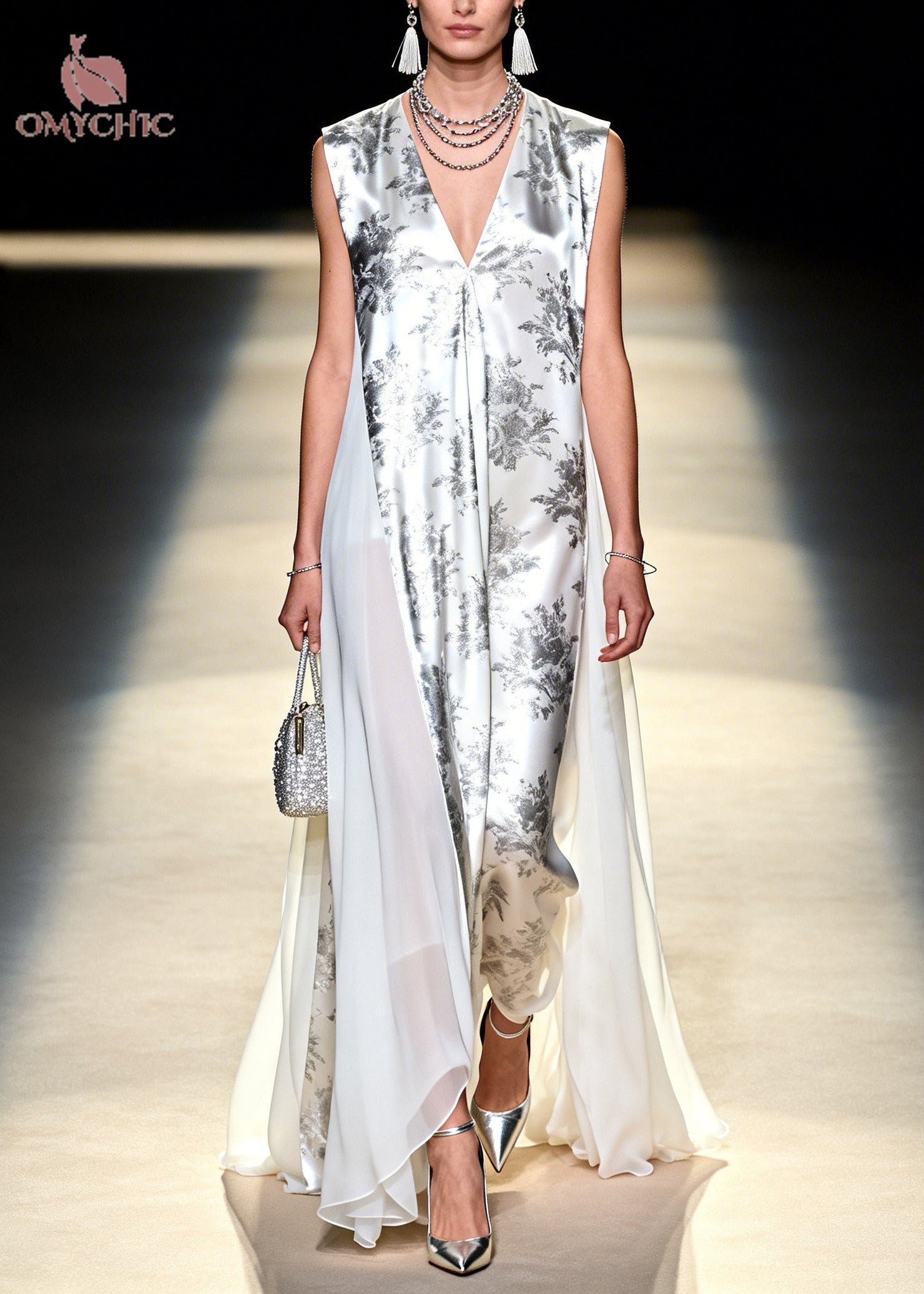 Floral Deep V-Neck Sleeveless Chiffon Panel Satin Maxi Dress