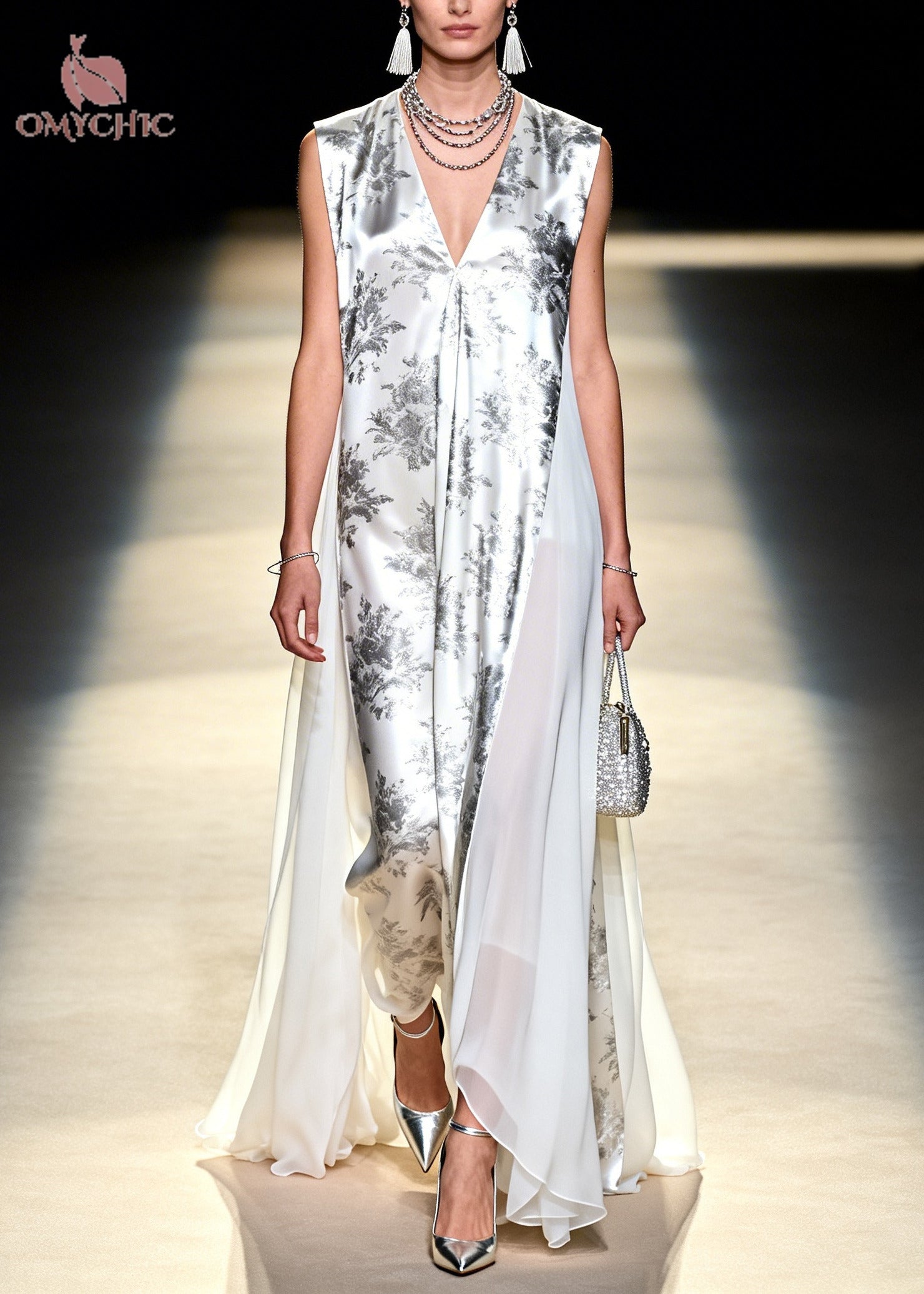Floral Deep V-Neck Sleeveless Chiffon Panel Satin Maxi Dress