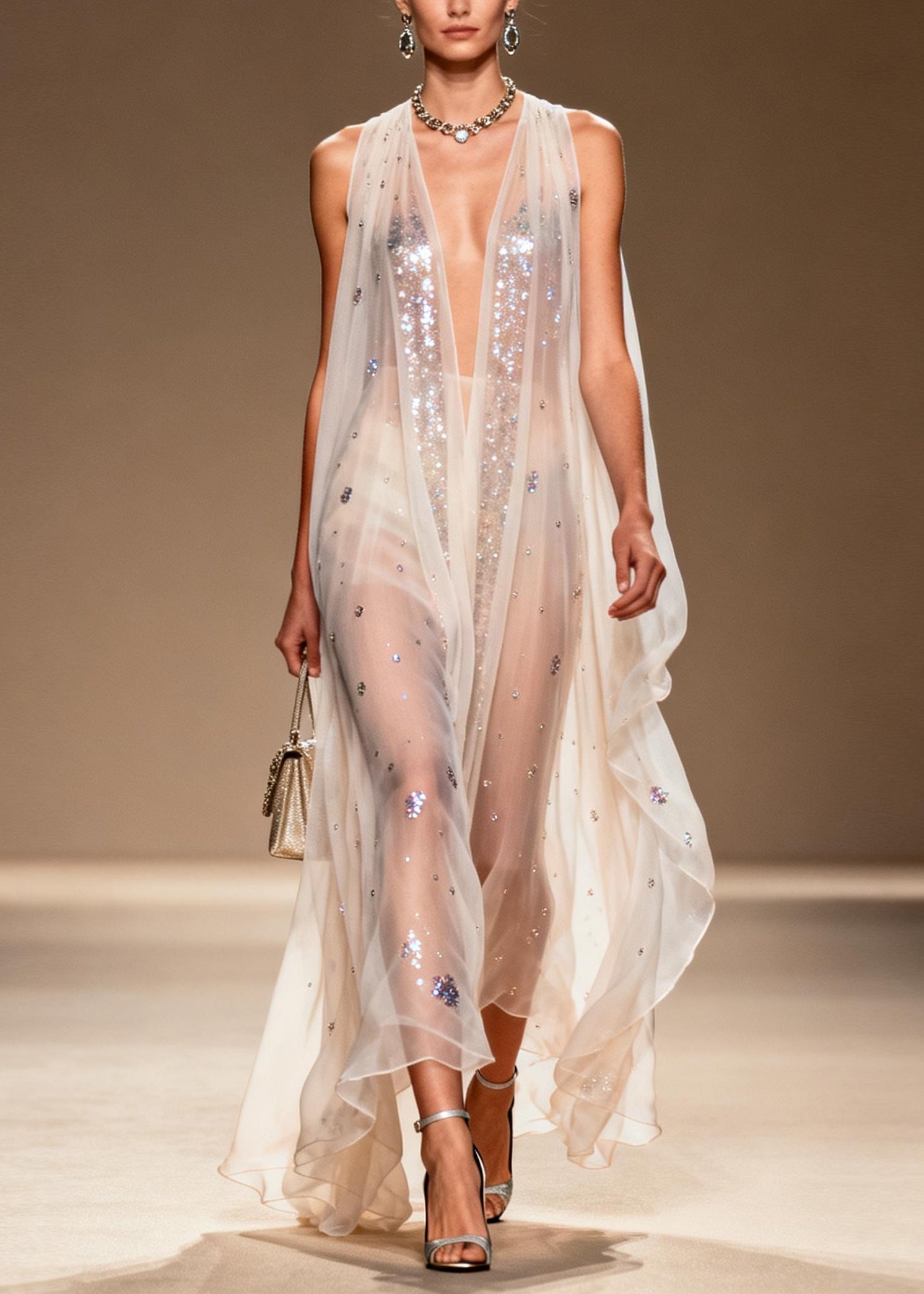Sequin Scatter Deep V-Neck Sleeveless Sheer Chiffon Cape Panel Maxi Gown