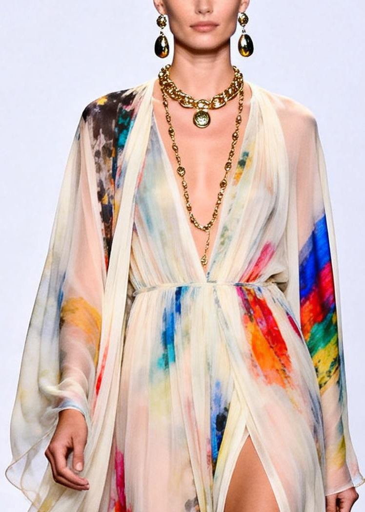 Chiffon Deep V-Neck Cape Sleeve High Split Sheer Maxi Gown