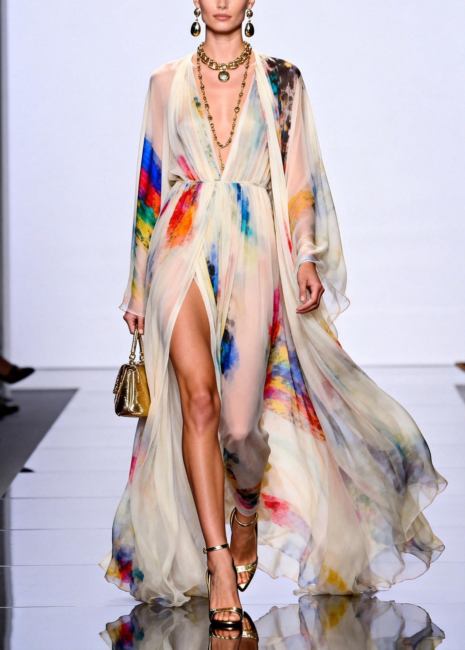 Chiffon Deep V-Neck Cape Sleeve High Split Sheer Maxi Gown