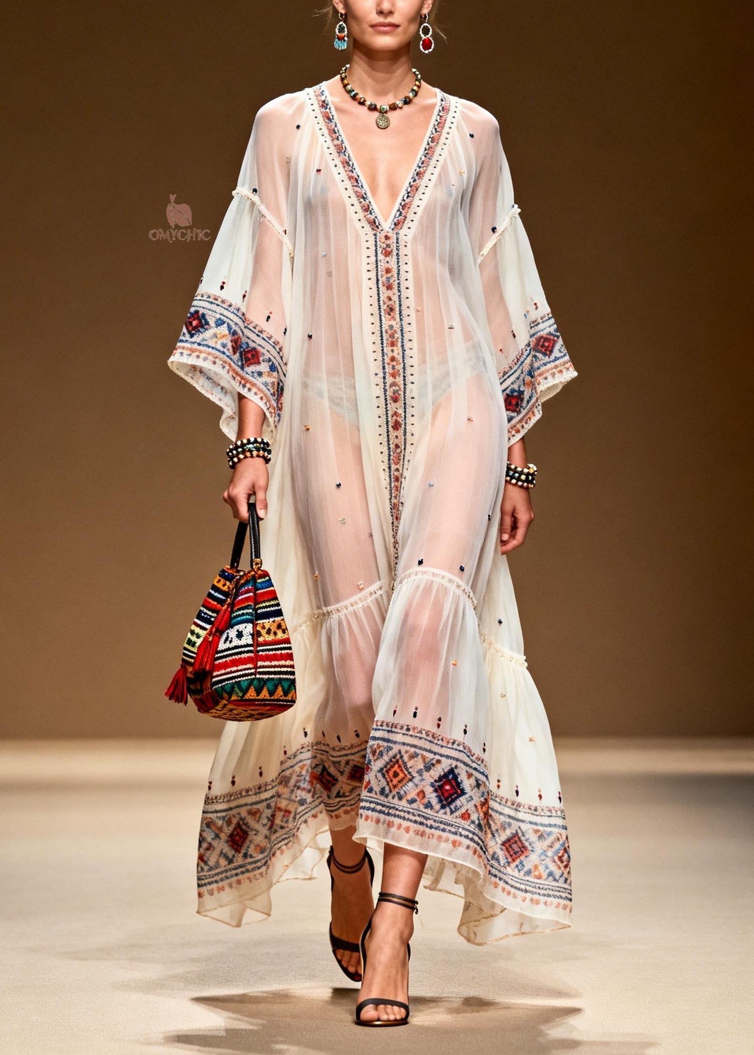 Sheer Chiffon Deep V-Neck Kimono Sleeve Embroidered Tiered Ruffle Maxi Dress