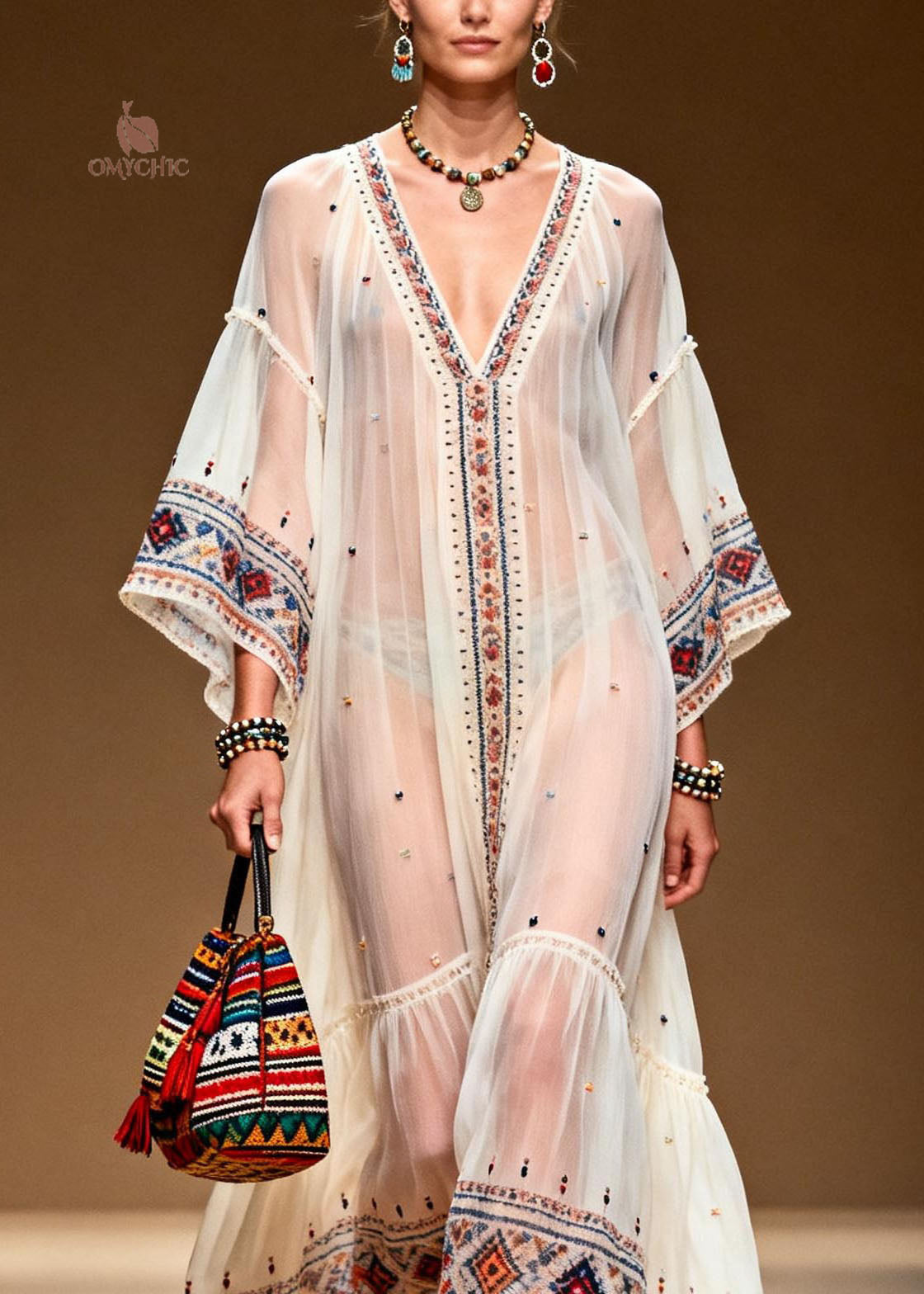 Sheer Chiffon Deep V-Neck Kimono Sleeve Embroidered Tiered Ruffle Maxi Dress