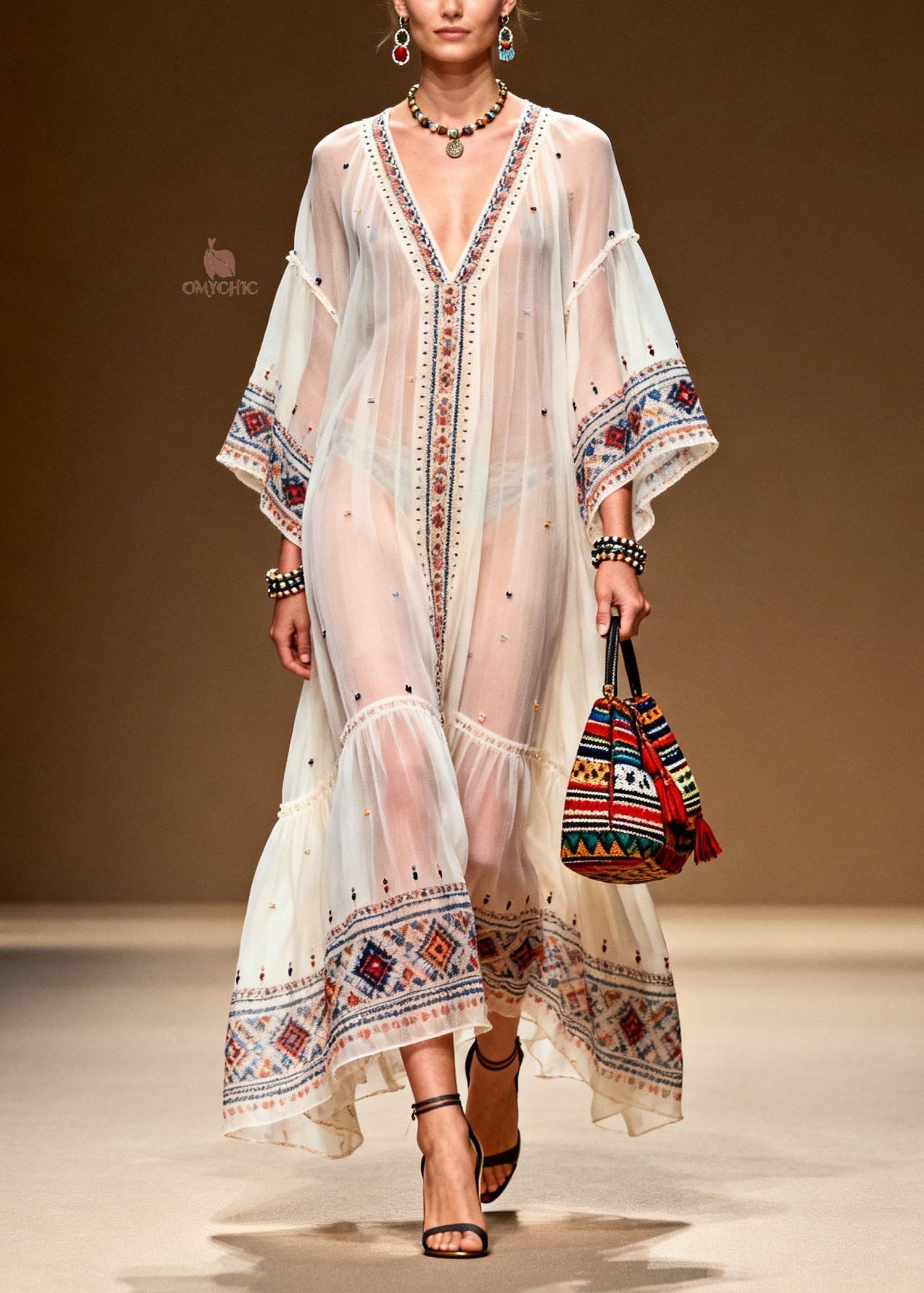 Sheer Chiffon Deep V-Neck Kimono Sleeve Embroidered Tiered Ruffle Maxi Dress