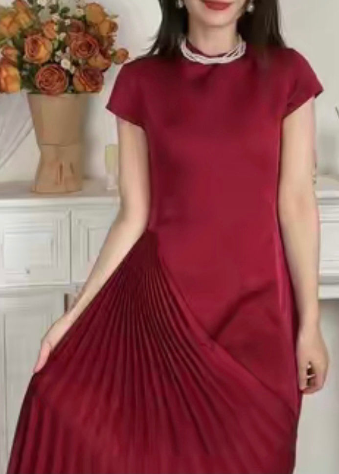 Satin Asymmetric Mock Neck Sleeveless Sunburst Pleat Cocktail Dress