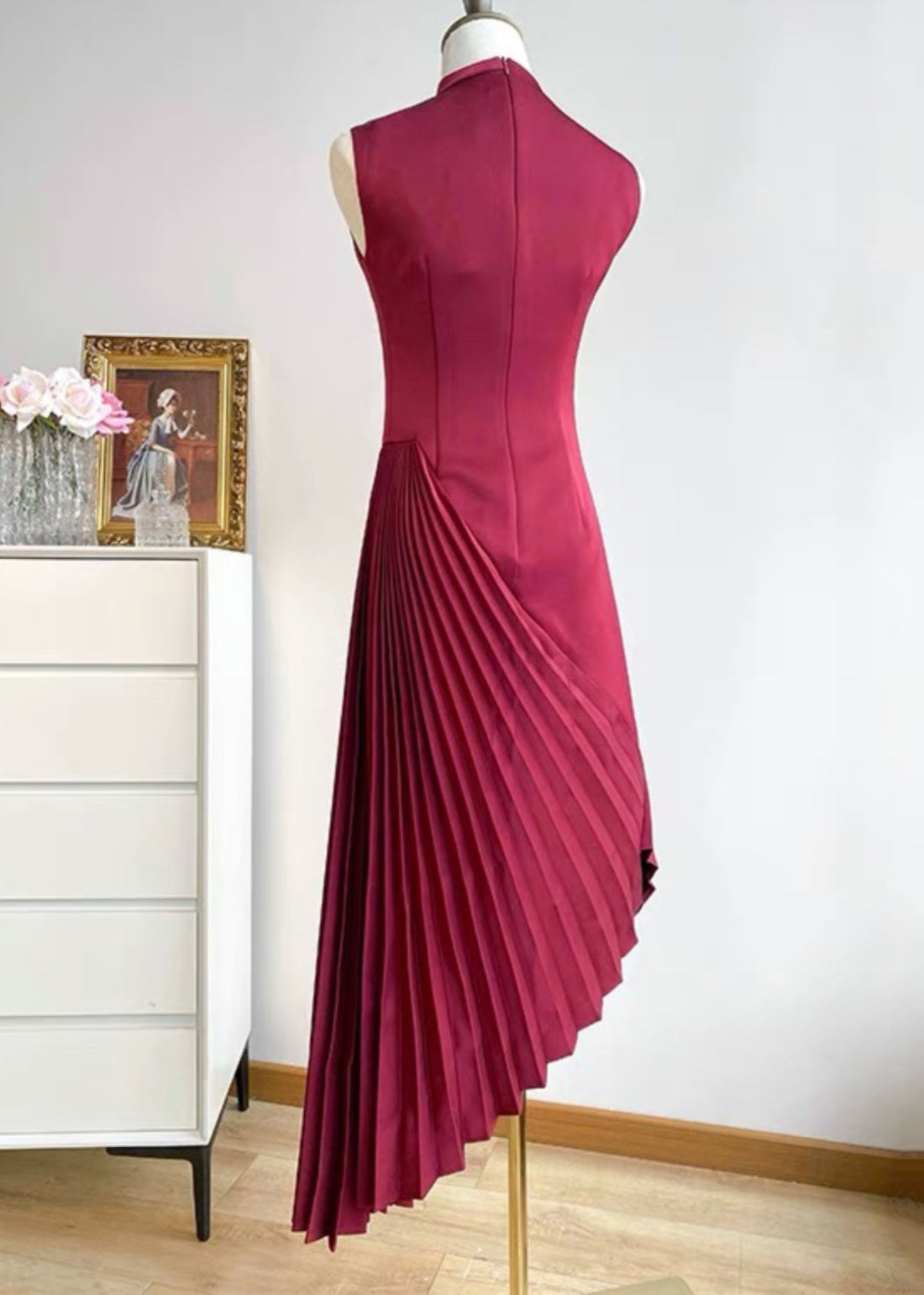 Satin Asymmetric Mock Neck Sleeveless Sunburst Pleat Cocktail Dress