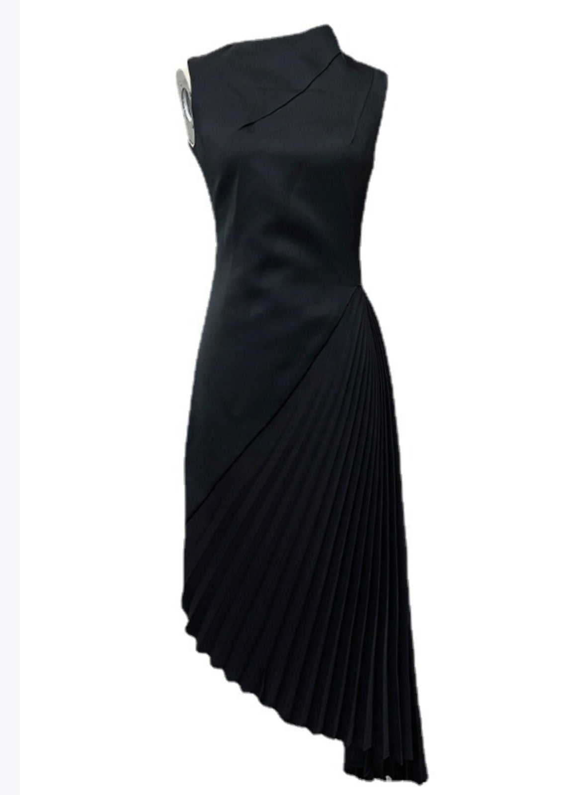 Satin Asymmetric Mock Neck Sleeveless Sunburst Pleat Cocktail Dress