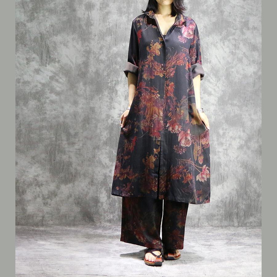 Floral Print Button Front Long Sleeve Shirt Dress Wide Leg Pants Two Piece Set