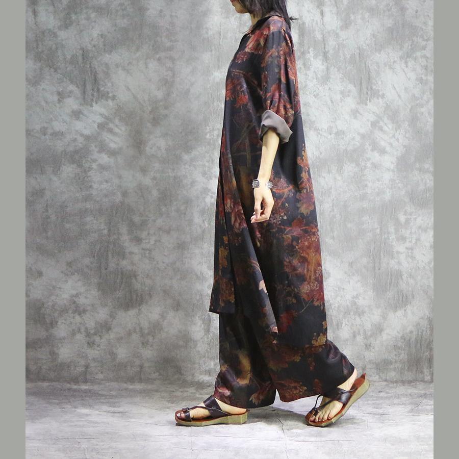 Modern and wide leg pants silk dresses black prints Maxi Dresses two pieces summer