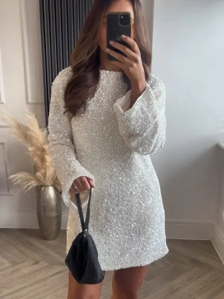 Sequin Crew Neck Bell Sleeve Shift Mini Dress