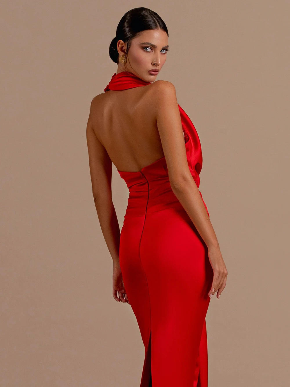 Backless Halter-Neck Deep V-Neck Bodycon Maxi Dress