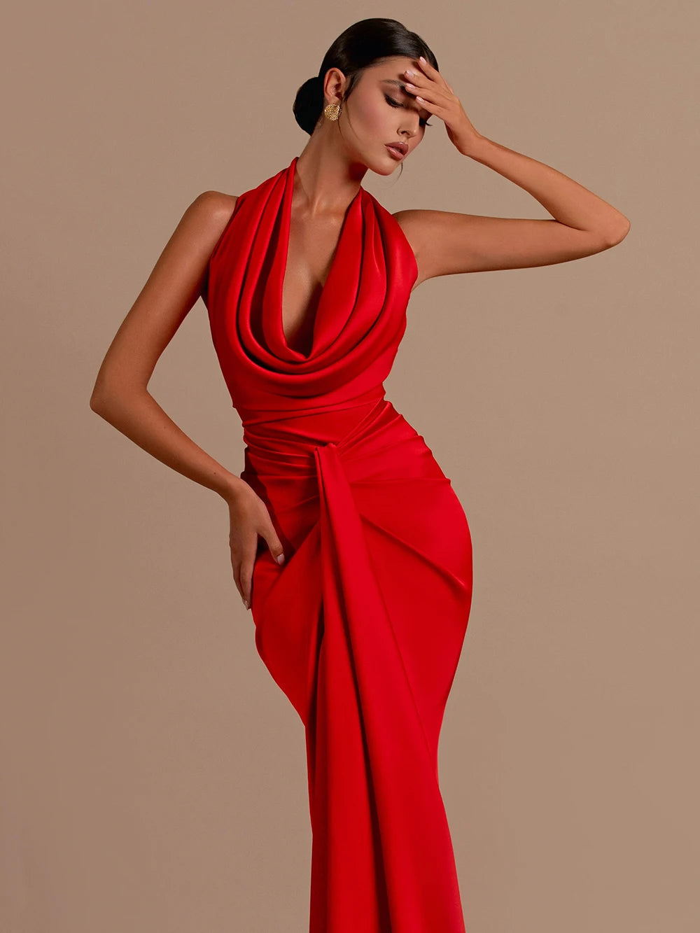 Backless Halter-Neck Deep V-Neck Bodycon Maxi Dress
