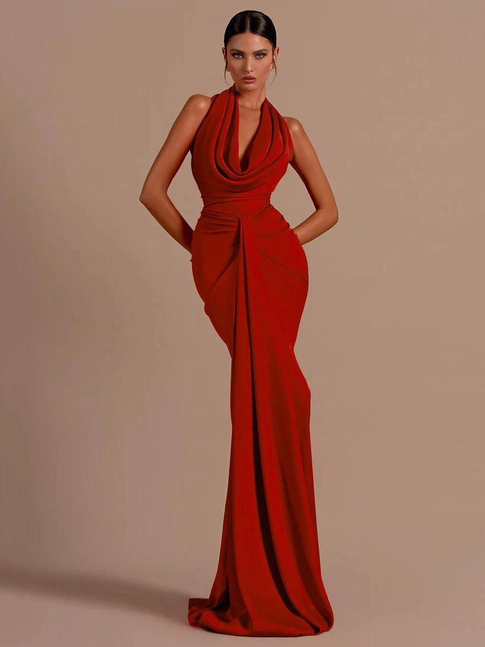 Backless Halter-Neck Deep V-Neck Bodycon Maxi Dress