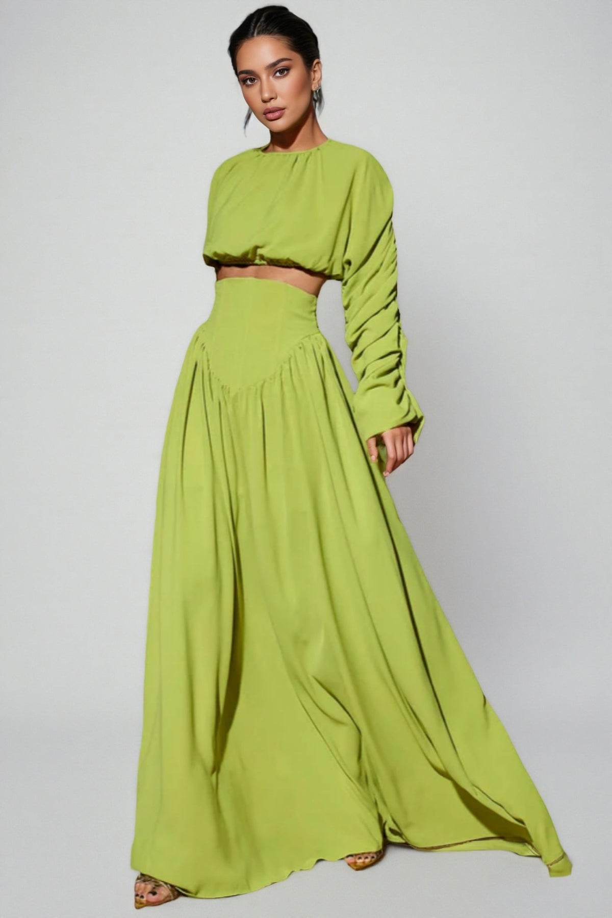 Ruched Long Sleeve Crop Top and High Waist Maxi Skirt Two Piece Set 3