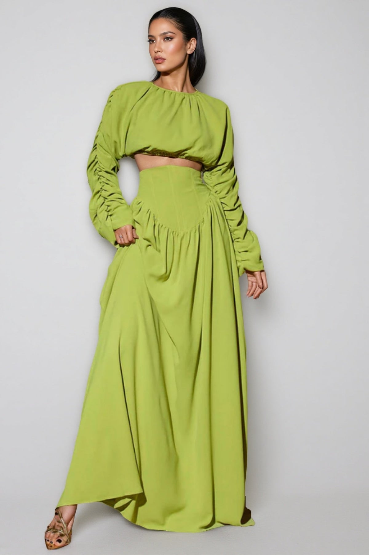 Ruched Long Sleeve Crop Top and High Waist Maxi Skirt Two Piece Set 5