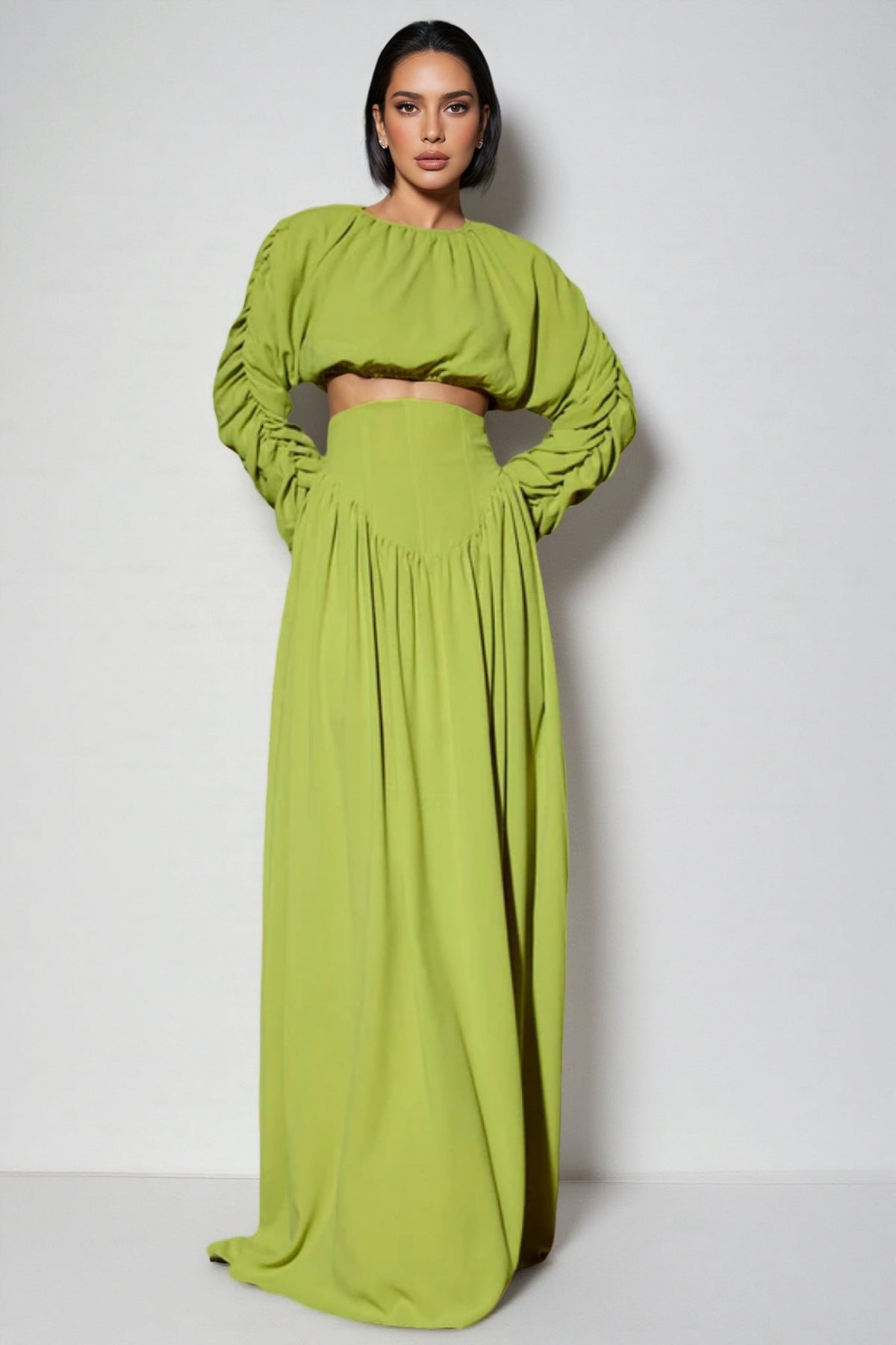 Ruched Long Sleeve Crop Top and High Waist Maxi Skirt Two Piece Set