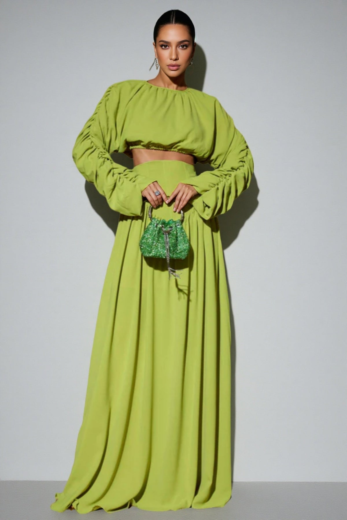 Ruched Long Sleeve Crop Top and High Waist Maxi Skirt Two Piece Set 4