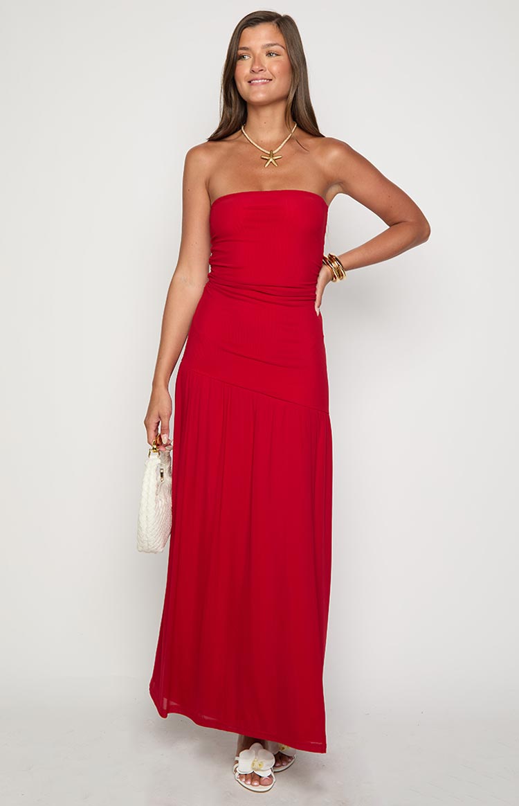 Strapless Ruched Bodice Drop Waist Double Split Maxi Dress 3