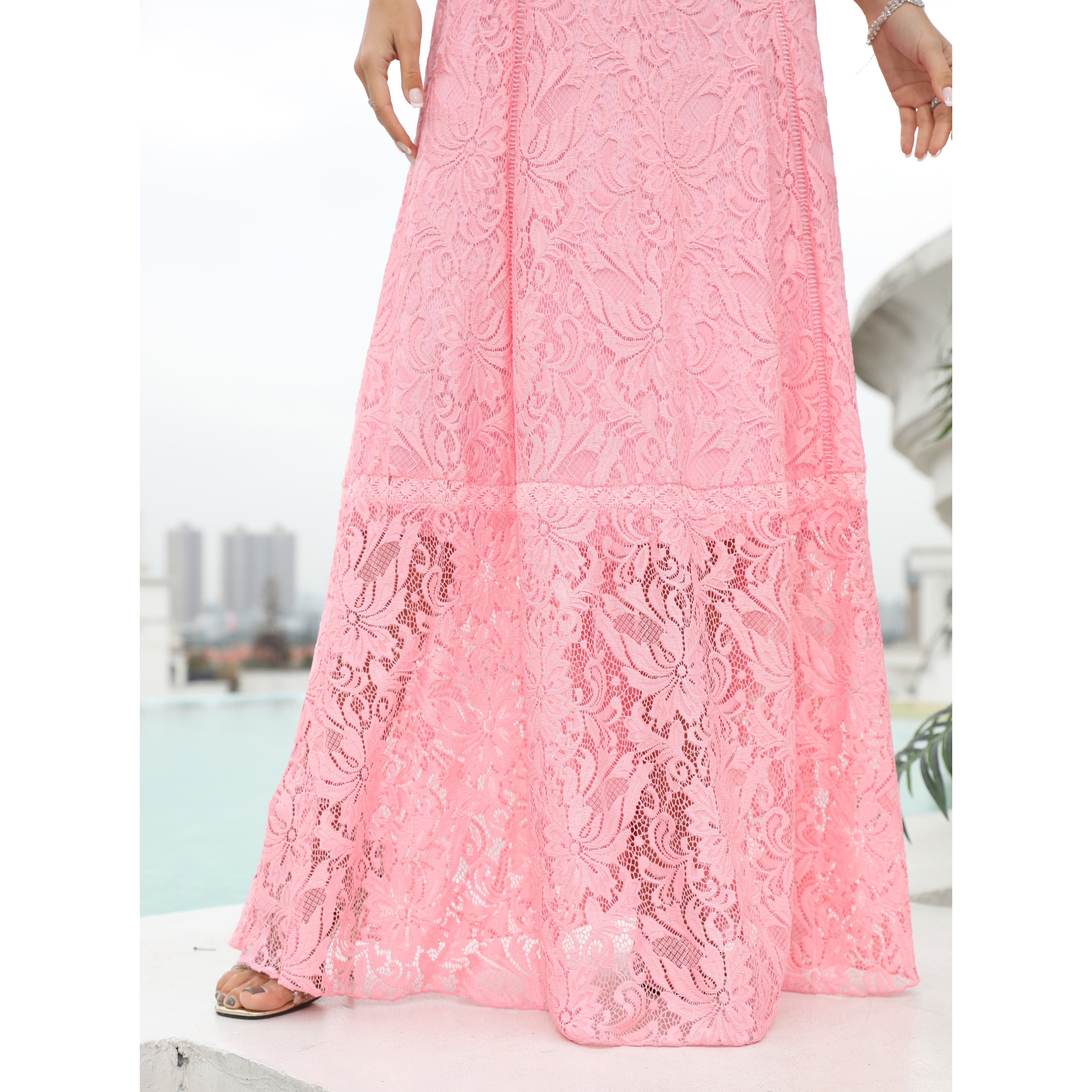 Lace V-Neck Spaghetti Strap Ruffle Trim Eyelet Waist Tiered Maxi Dress
