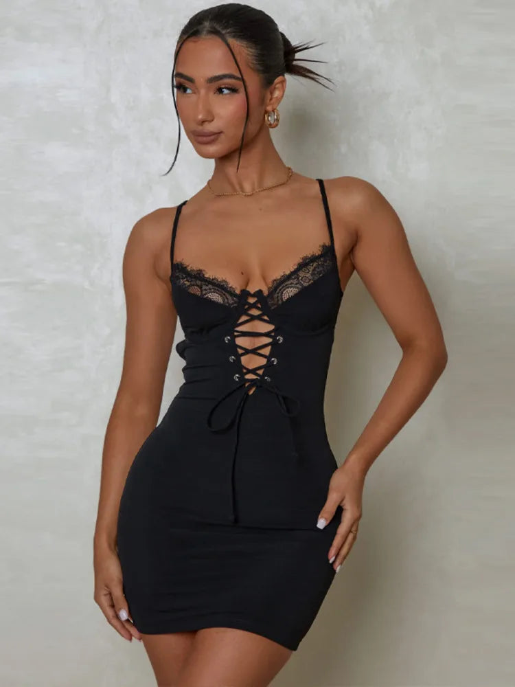Black Lace Spaghetti Strap Backless Mini Dress Cut Out Dresses 2