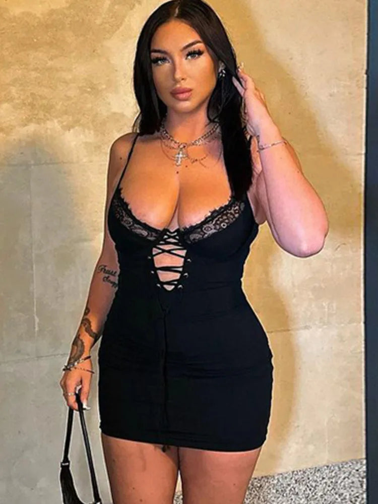 Lace Trim Spaghetti Strap Lace Up Cut Out Bodycon Mini Dress
