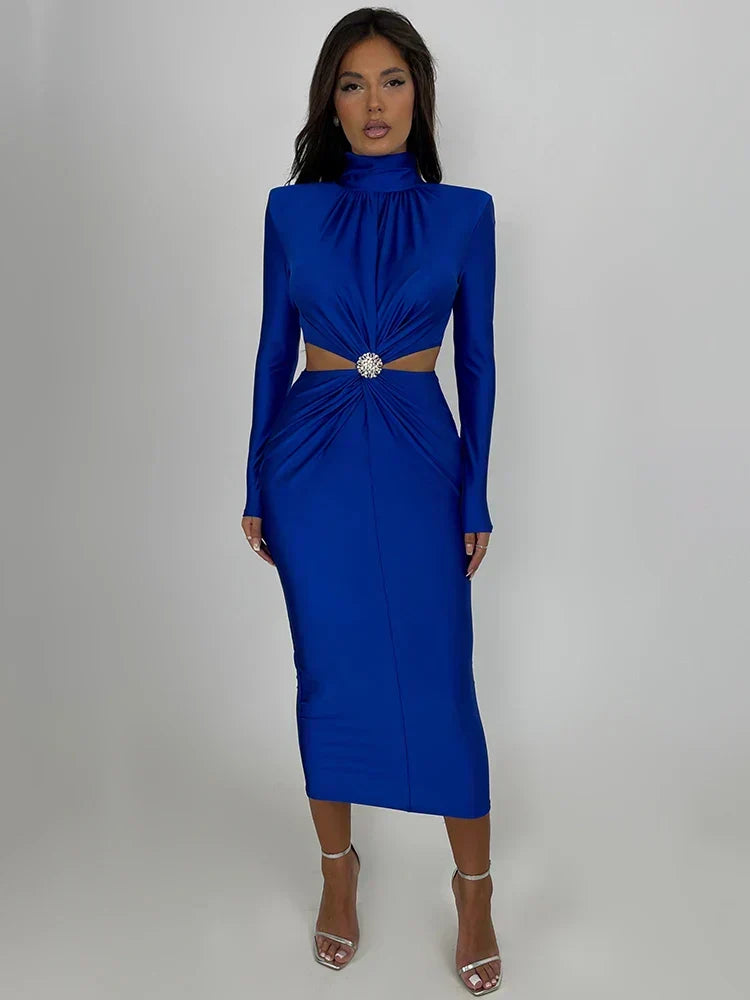 Mock Neck Long Sleeve Twist Front Cut Out Waist Bodycon Maxi Dress 5