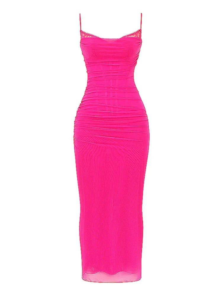 Mesh Lace Trim Spaghetti Strap Corset Bodice Bodycon Maxi Dress 5