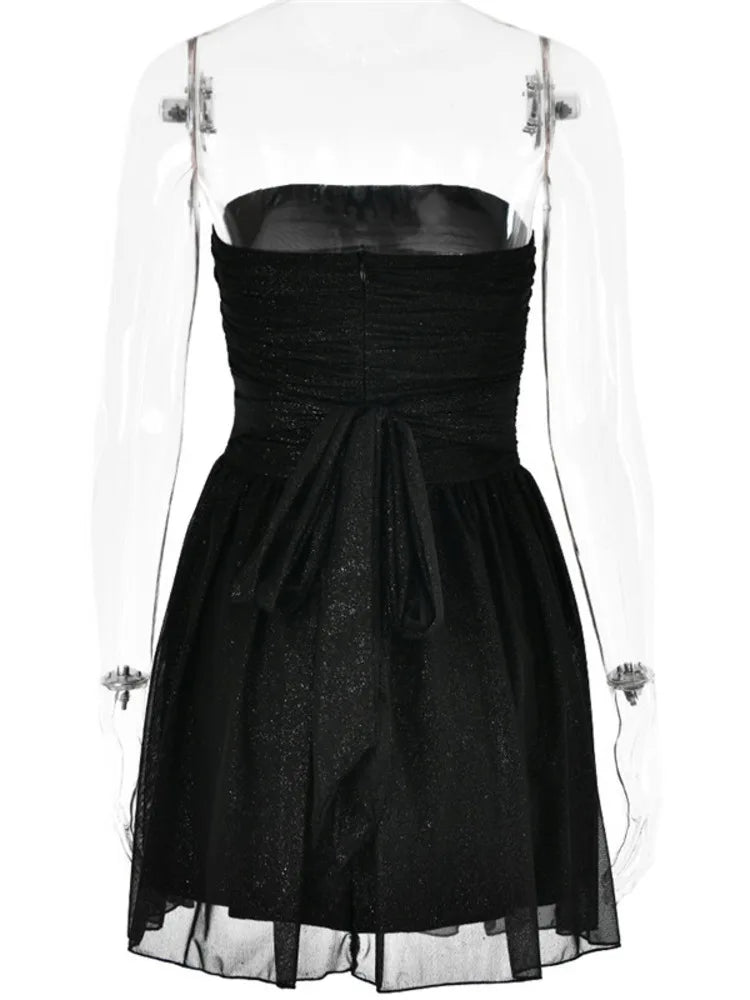 Strapless Glitter Mesh Ruched Bodice Fit and Flare Mini Party Dress 5
