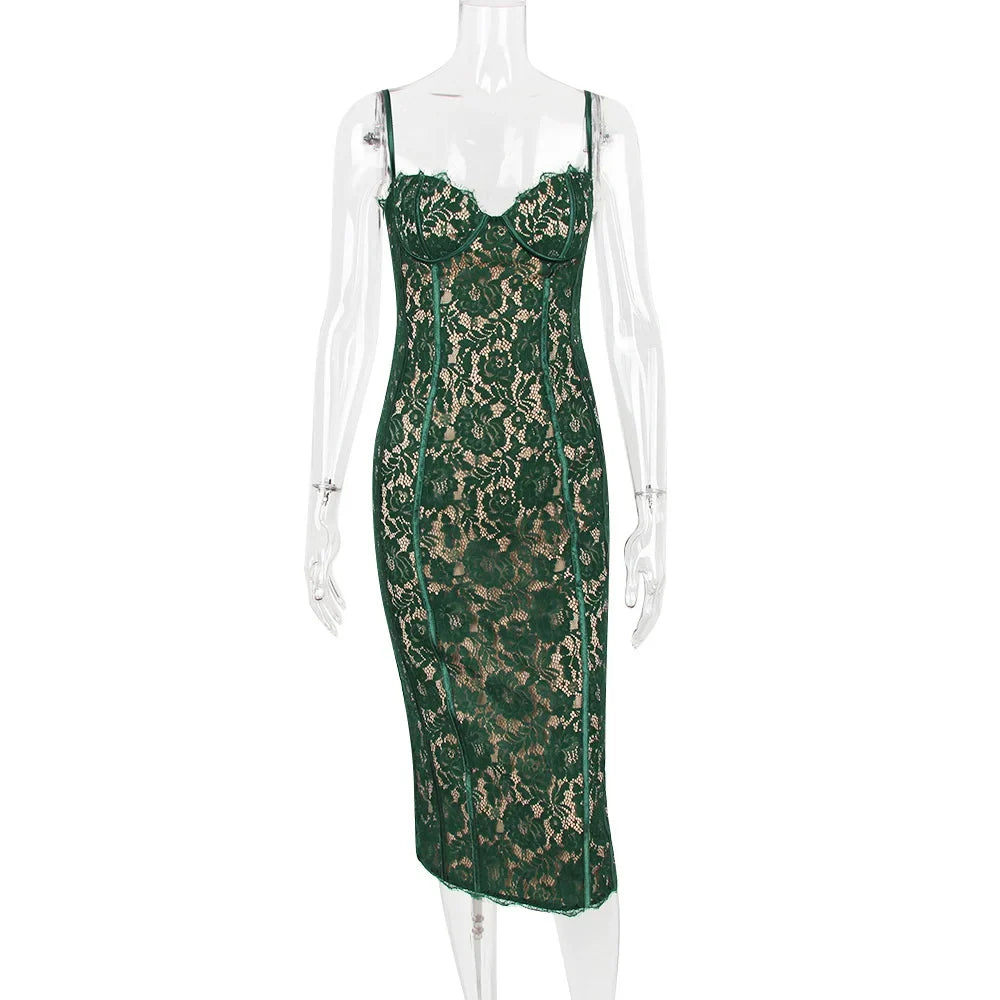 Lace Spaghetti Strap Corset Bodice Scalloped Trim Bodycon Midi Dress 7