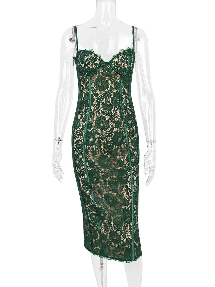 Lace Spaghetti Strap Corset Bodice Scalloped Trim Bodycon Midi Dress 6